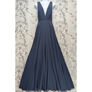 Jenny Yoo Collection Navy Deep V Neck Pleated Chiffon Maxi Dress Gown Sz 10 $285
